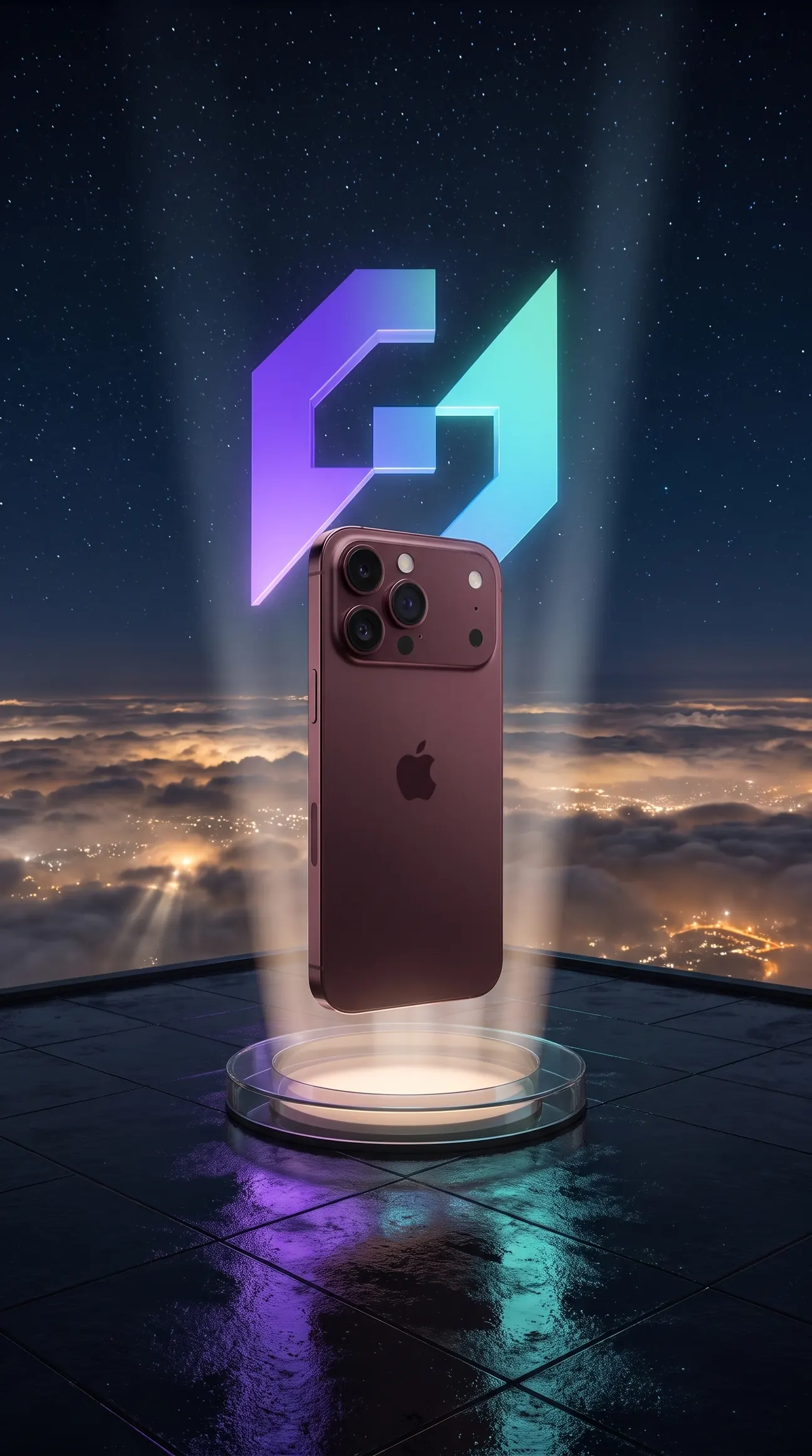 iPhone 18 Pro Max flutuando acima das nuvens, à noite